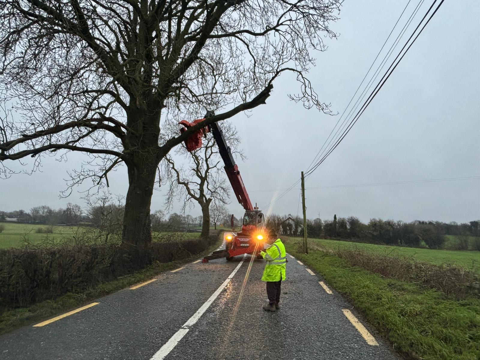 Tree removal beside overhead utility lines with operator on the road