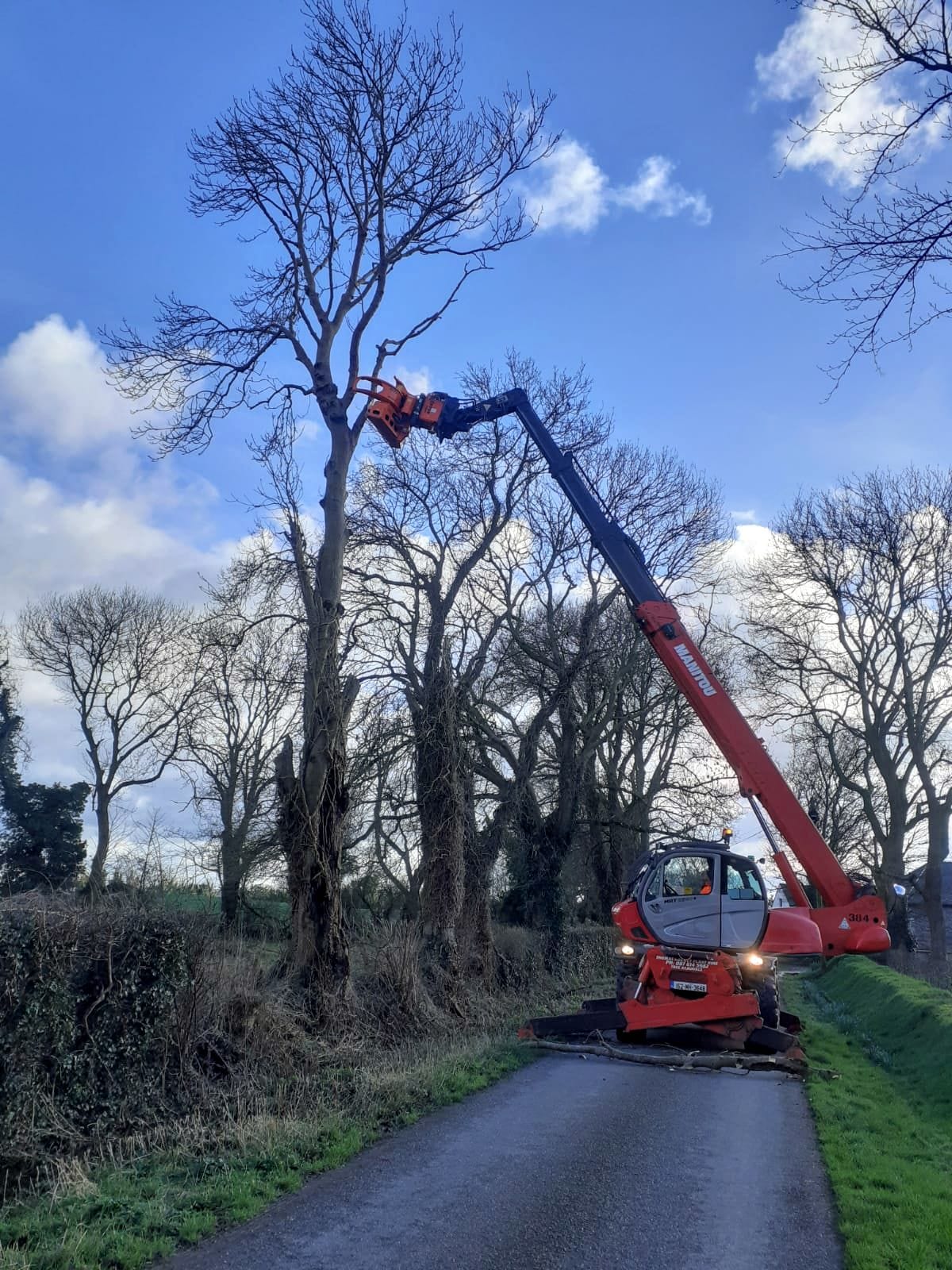 Manitou 384 with grapple head lifting a bare ash section along a tree-lined country road